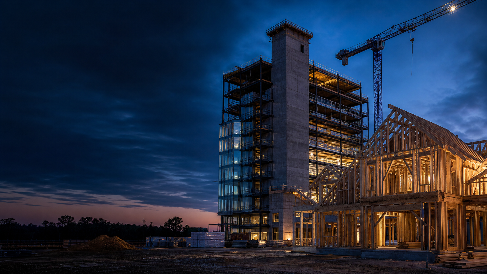 Conceptual commercial construction and residential framing scene