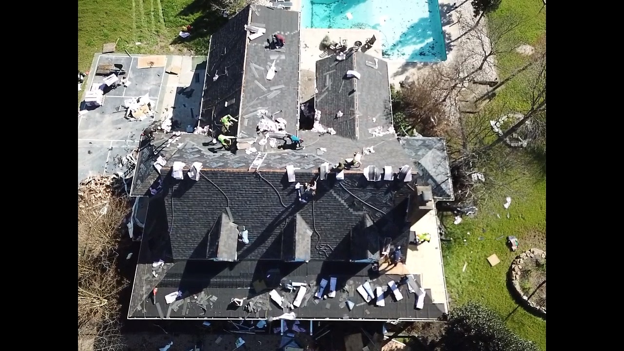 Aerial view of an active roofing project