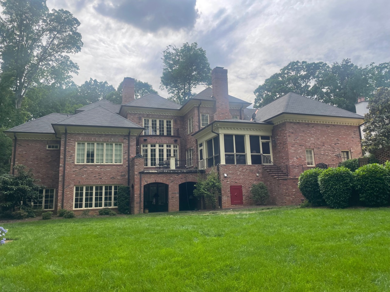 Rear view of a completed 111-square GAF Slateline Antique Slate roof in Foxcroft