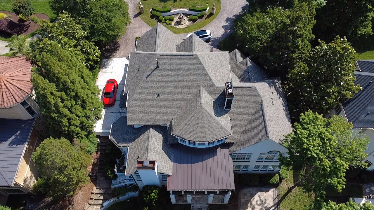 Aerial view of a completed Ballantyne Country Club roof and metal restoration