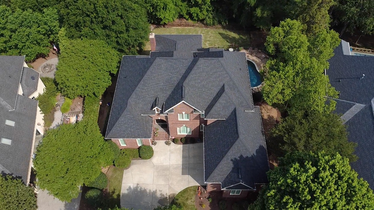 Aerial view of a completed 74-square Owens Corning Duration Onyx Black roof