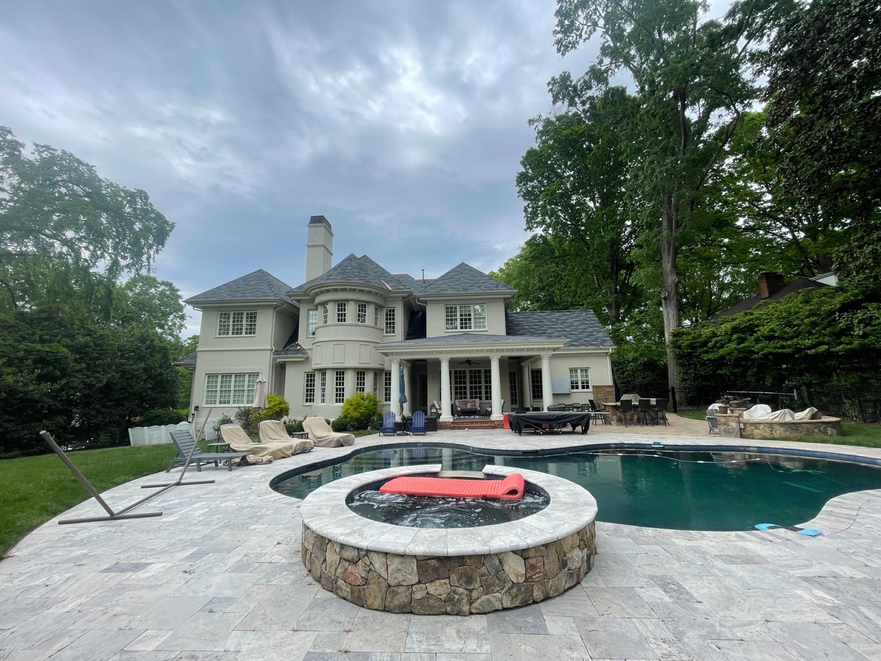 Poolside view of the completed Foxcroft English Gray roof